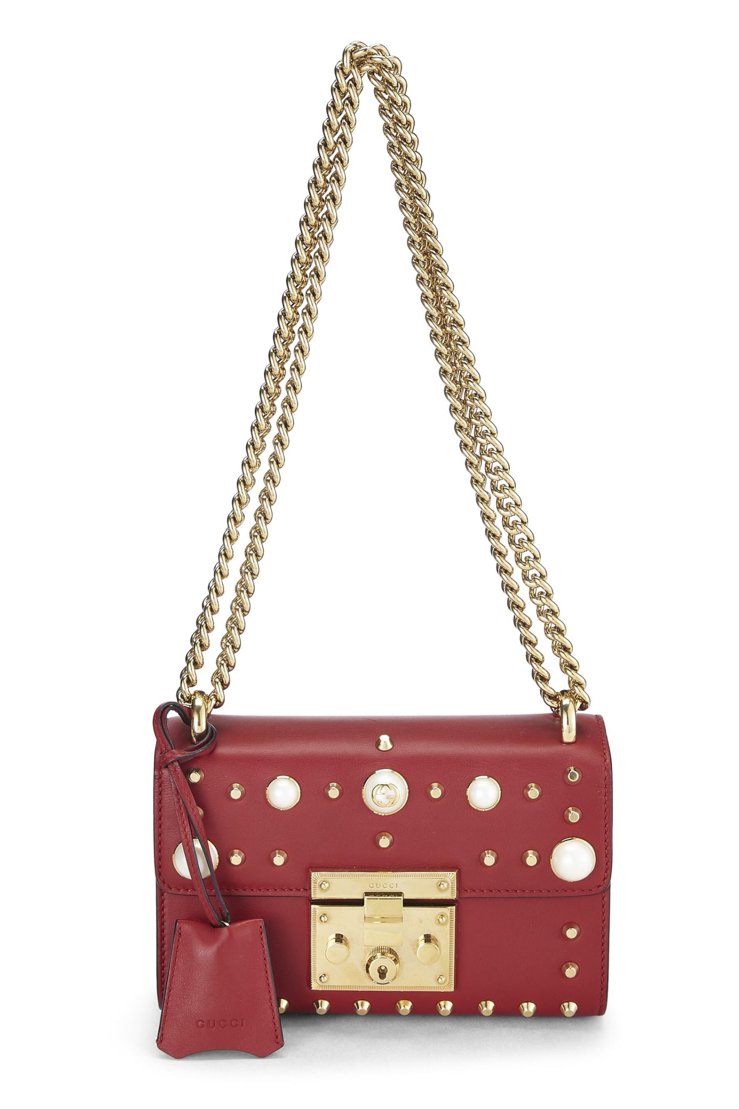 Gucci,  Red Leather Stud & Faux Pearl Padlock Shoulder Bag, Red