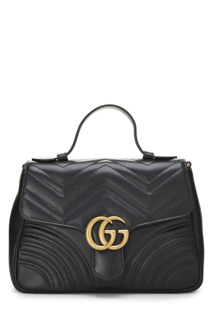 Gucci,  Black Leather GG Marmont Top Handle Shoulder Bag Small, Black