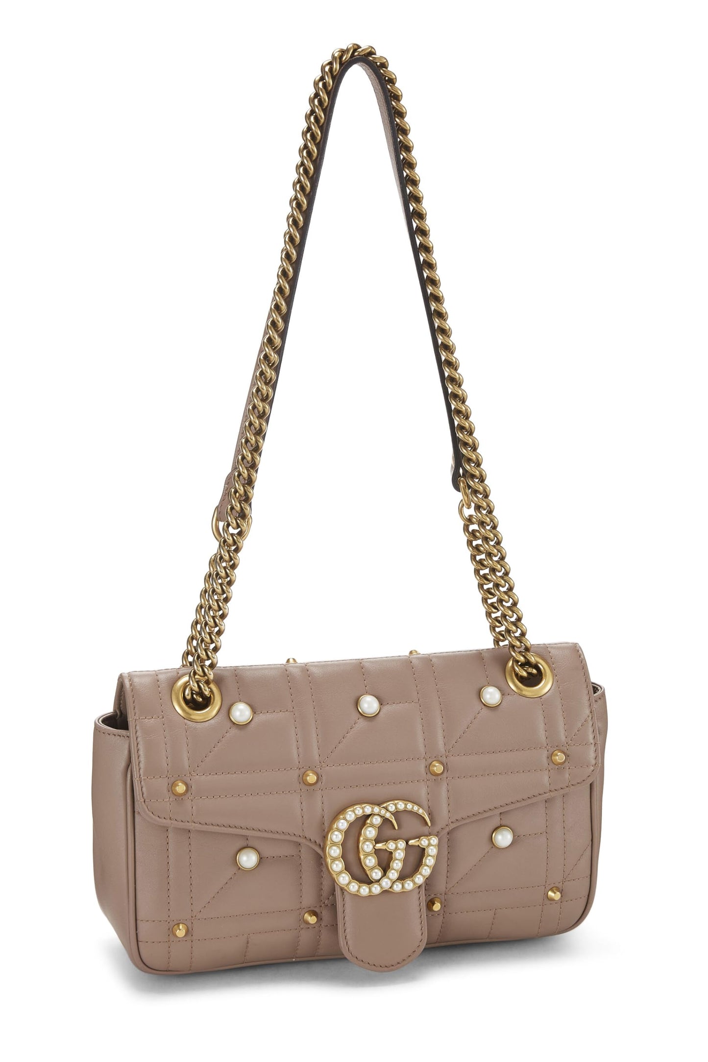 Gucci,  Beige Leather & Faux Pearl GG Marmont Shoulder Bag Small, Beige