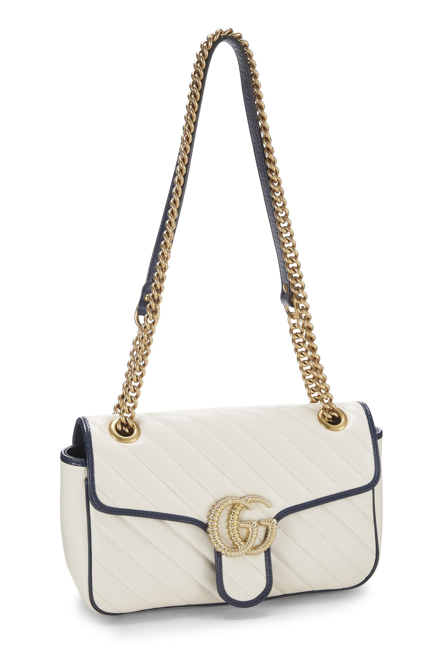 Gucci,  White Leather Torchon GG Marmont Shoulder Bag Small, White