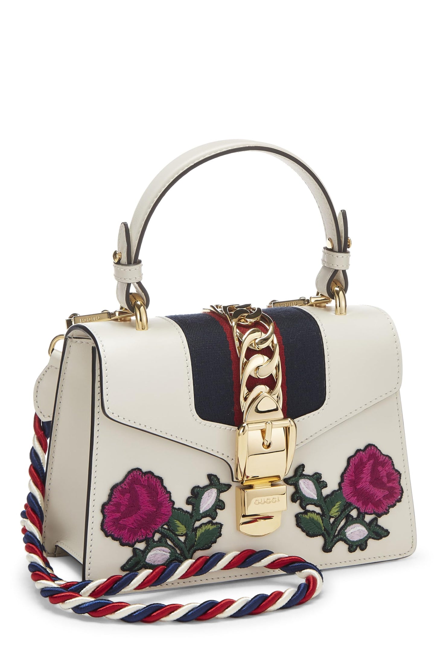 Gucci,  White Embroidered Leather Web Sylvie, White