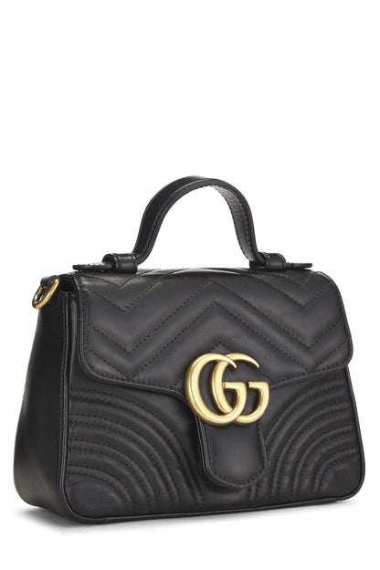 Gucci,  Black Leather Torchon GG Marmont Top Handle Flap Bag Mini, Black