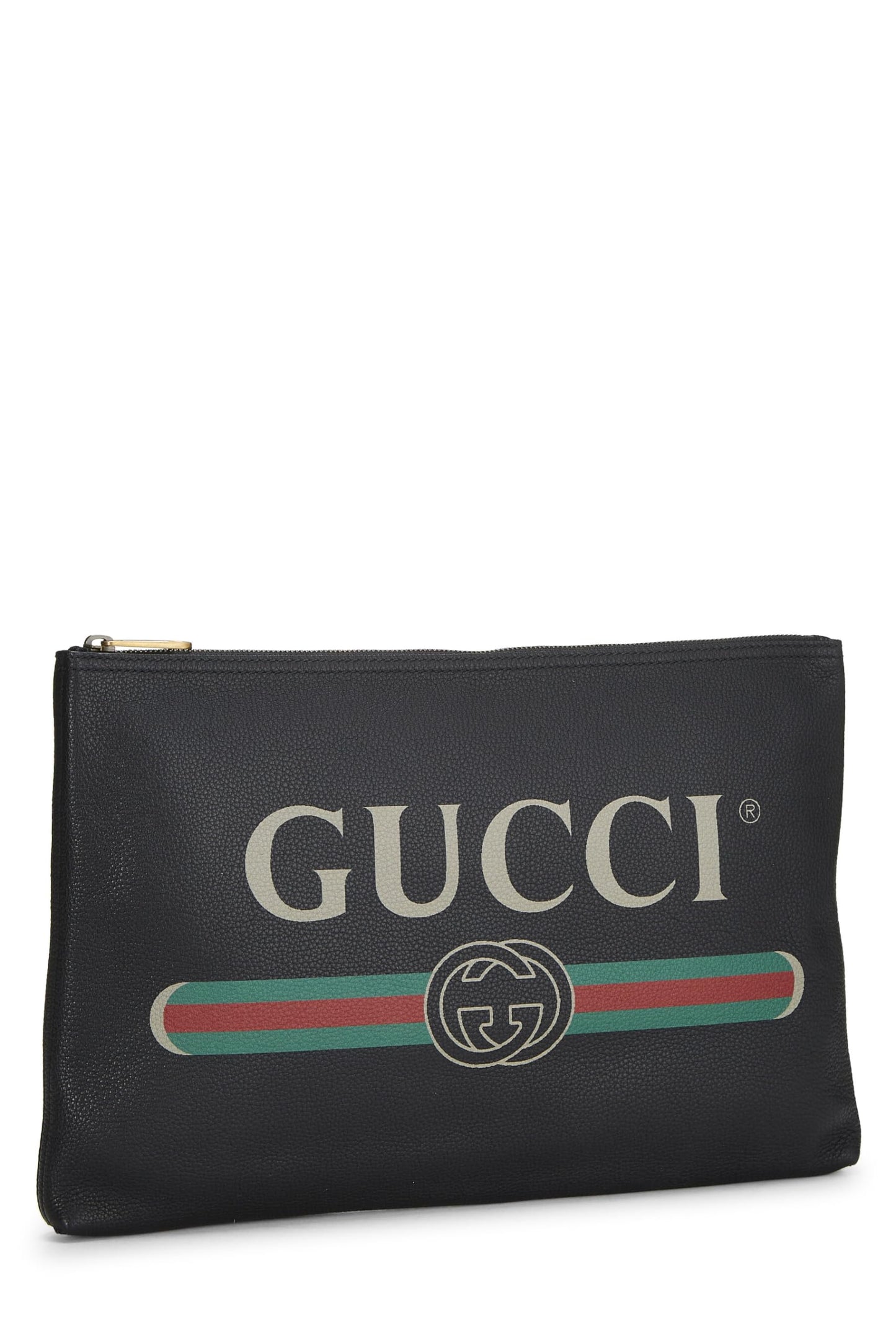 Gucci,  Black Leather Logo Print Pouch, Black