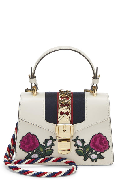 Gucci,  White Embroidered Leather Web Sylvie, White