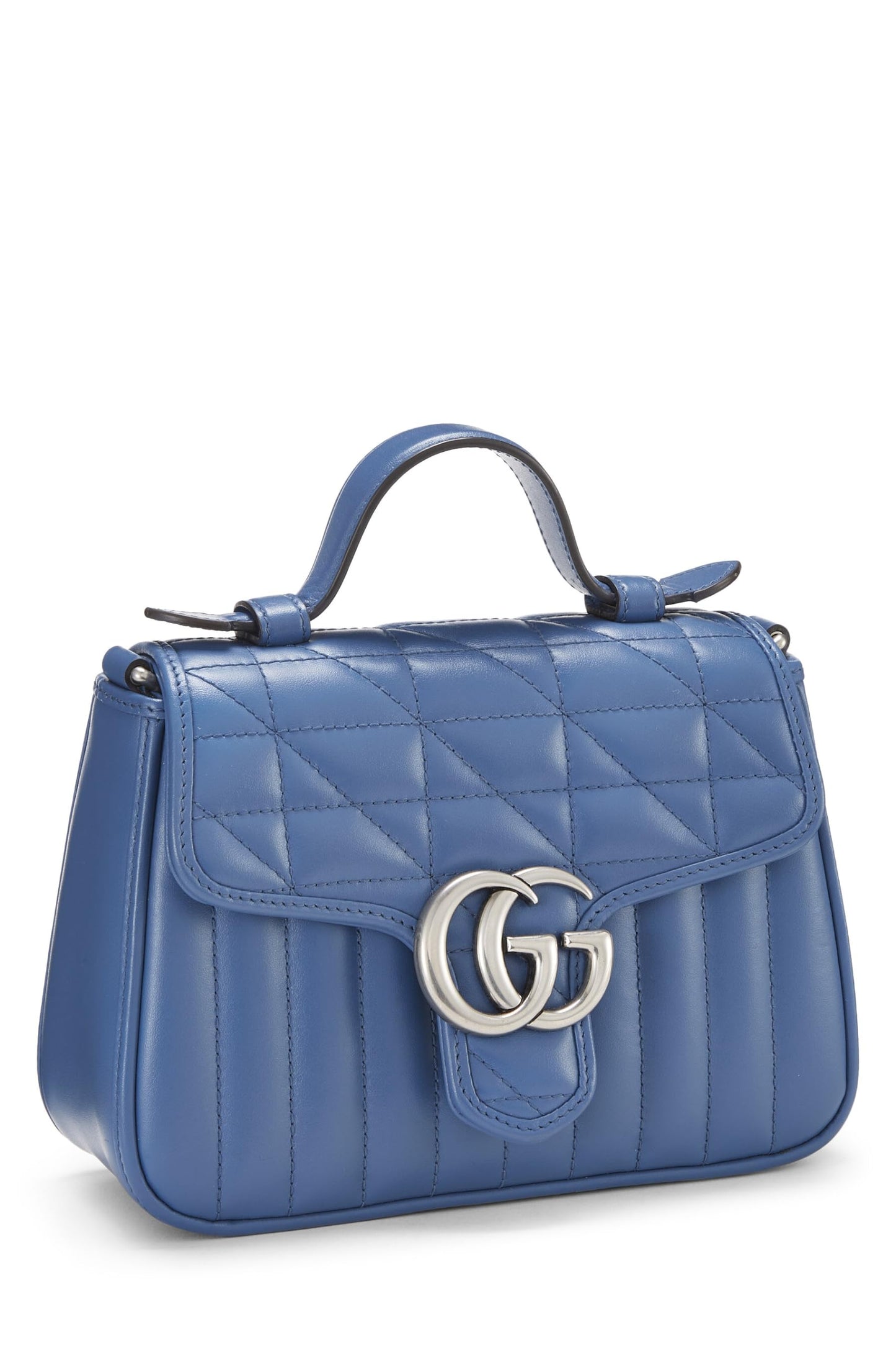 Gucci,  Blue Leather GG Marmont Top Handle Bag Mini, Blue