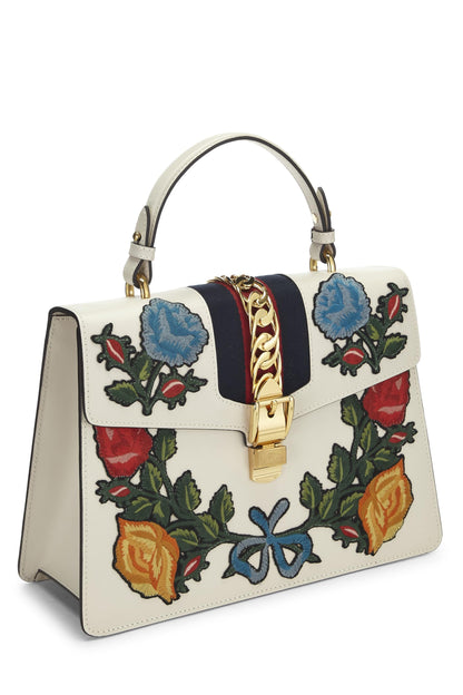 Gucci,  White Floral Embroidered Leather Sylvie Medium, White