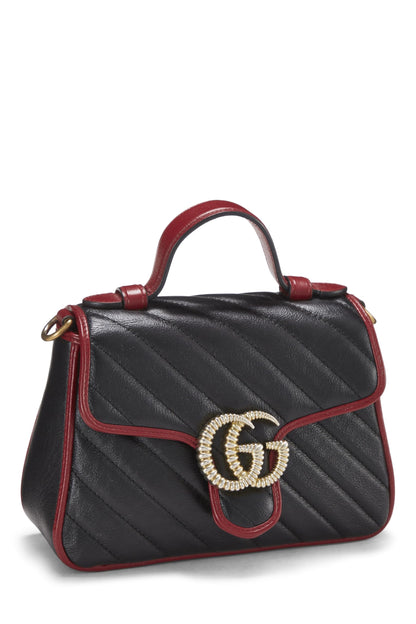 Gucci,  Black Leather Torchon Marmont Top Handle Flap Bag Mini, Black