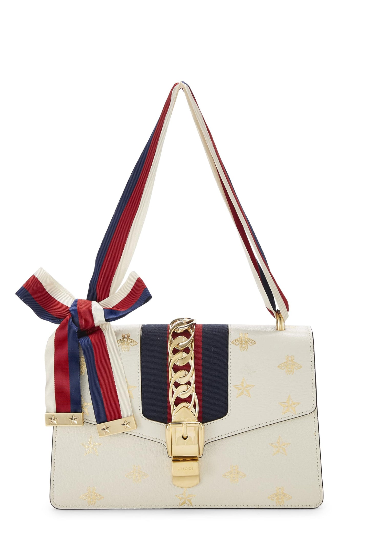 Gucci,  Cream Bee & Star Leather Sylvie Shoulder Bag Small, White