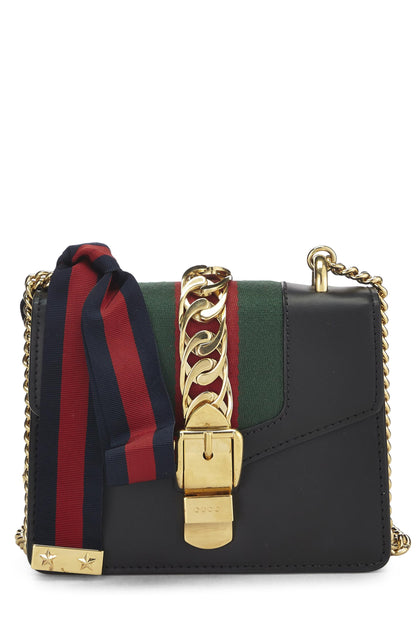 Gucci,  Black Leather Web Sylvie Chain Bag Mini, Black