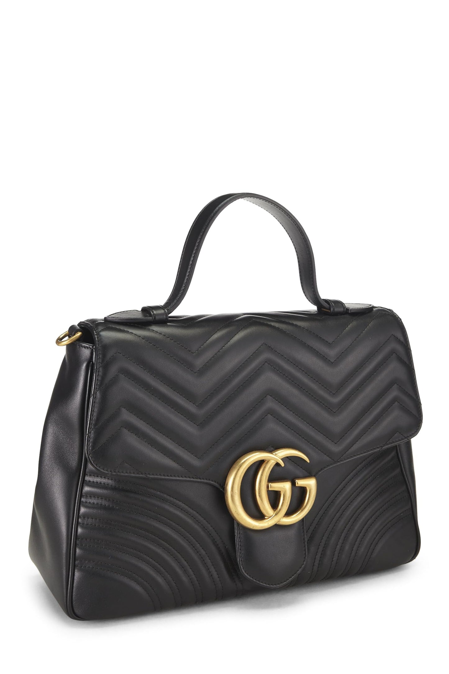 Gucci,  Black Leather GG Marmont Top Handle Shoulder Bag Medium, Black