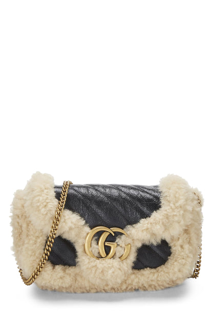 Gucci,  Black Leather & Shearling GG Marmont Shoulder Bag Mini, Black