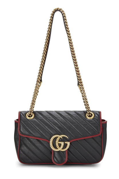 Gucci,  Black Leather Torchon GG Marmont Shoulder Bag Small, Black