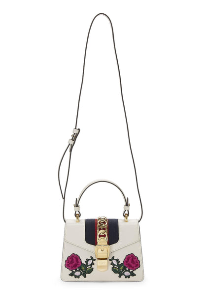 Gucci,  White Embroidered Leather Web Sylvie Mini, White