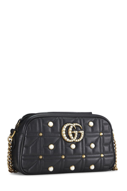 Gucci,  Black Leather & Faux Pearl GG Marmont Crossbody Small, Black