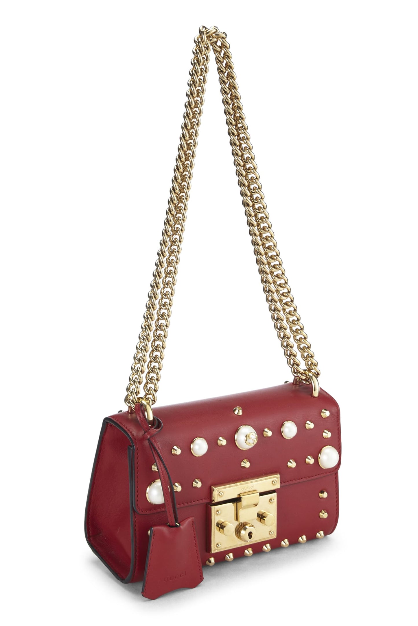 Gucci,  Red Leather Stud & Faux Pearl Padlock Shoulder Bag, Red