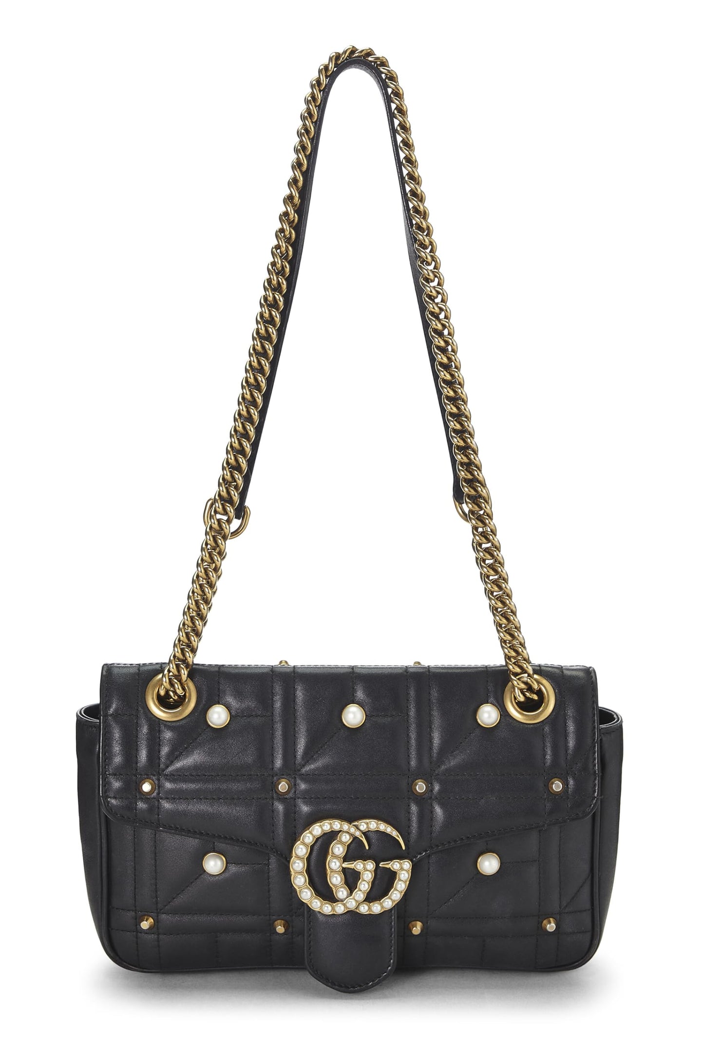 Gucci,  Black Leather & Faux Pearl GG Marmont Shoulder Bag Small, Black