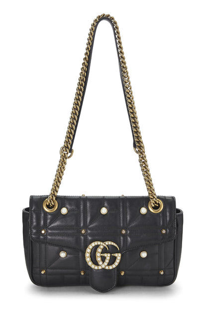 Gucci,  Black Leather & Faux Pearl GG Marmont Shoulder Bag Small, Black