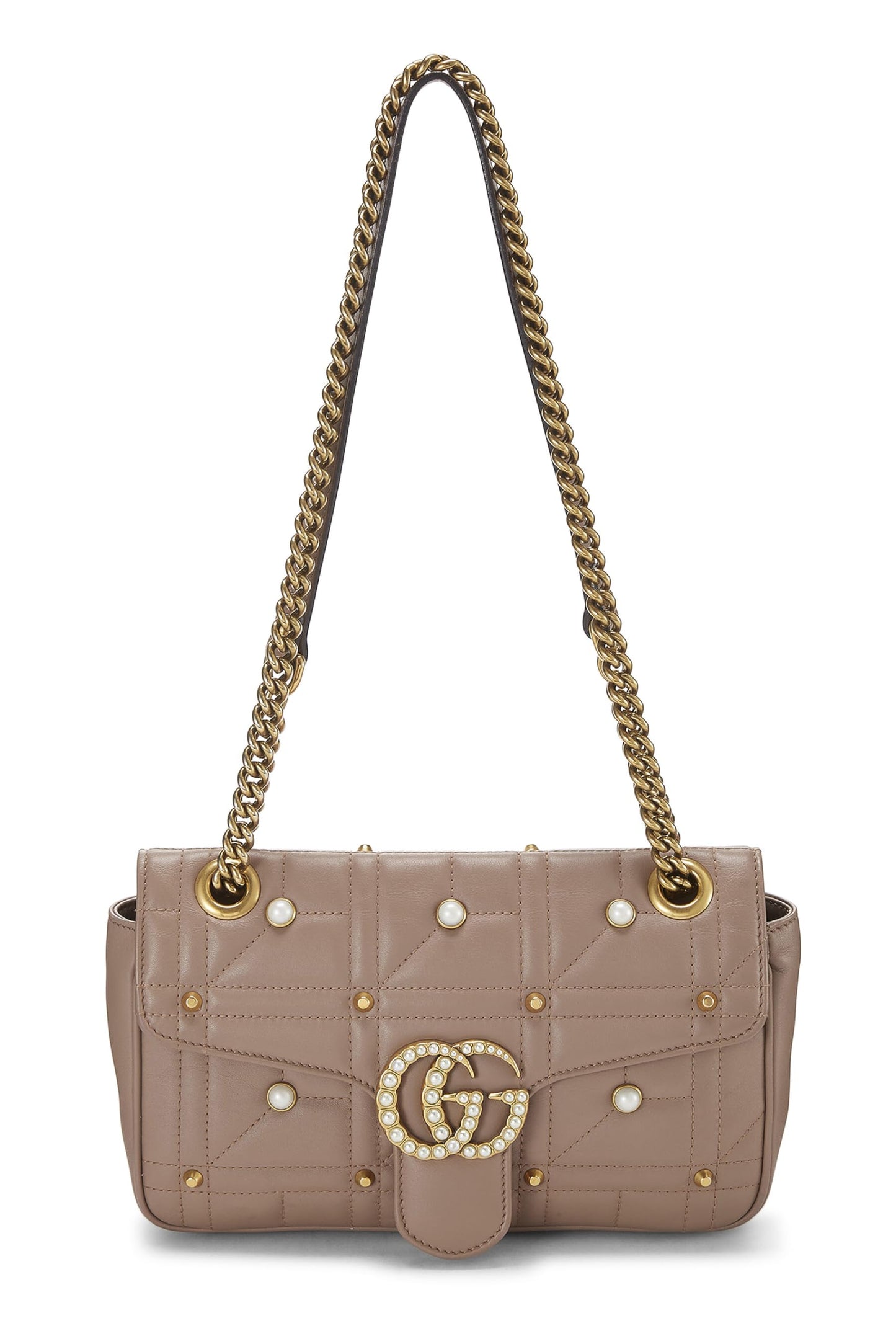 Gucci,  Beige Leather & Faux Pearl GG Marmont Shoulder Bag Small, Beige