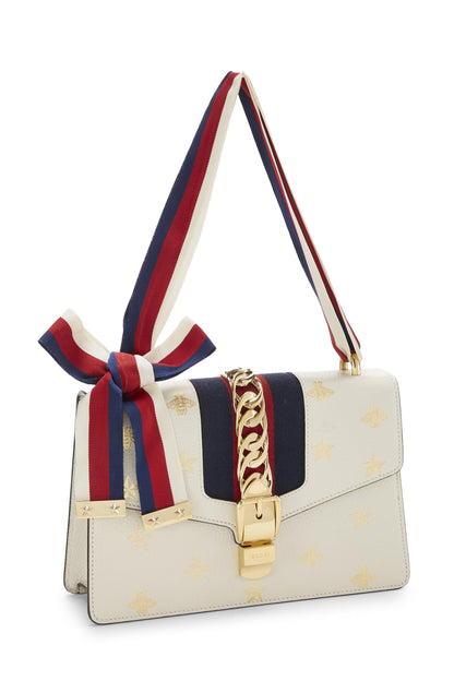 Gucci,  Cream Bee & Star Leather Sylvie Shoulder Bag Small, White