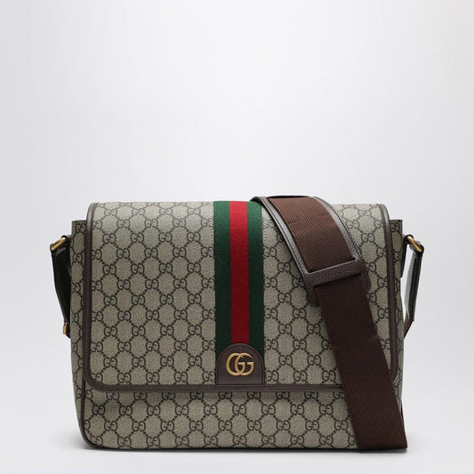 Gucci Shoulder Bag With Web Detail In Beige And Ebony Gg Fabric Men