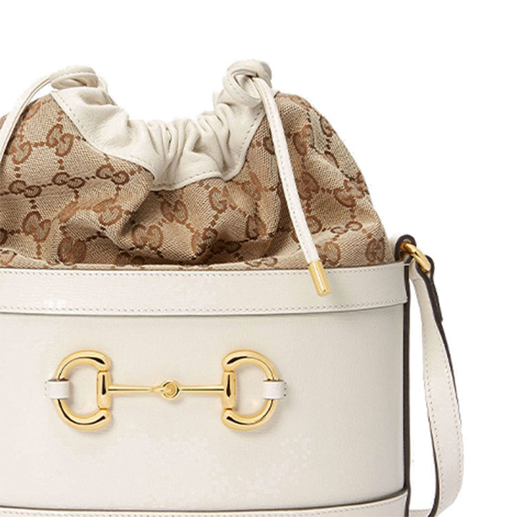 (WMNS) Gucci Horsebit 1955 Retro Gold buckle Logo Canvas Drawstring Shoulder Messenger Bag White 602118-1DBUG-9095