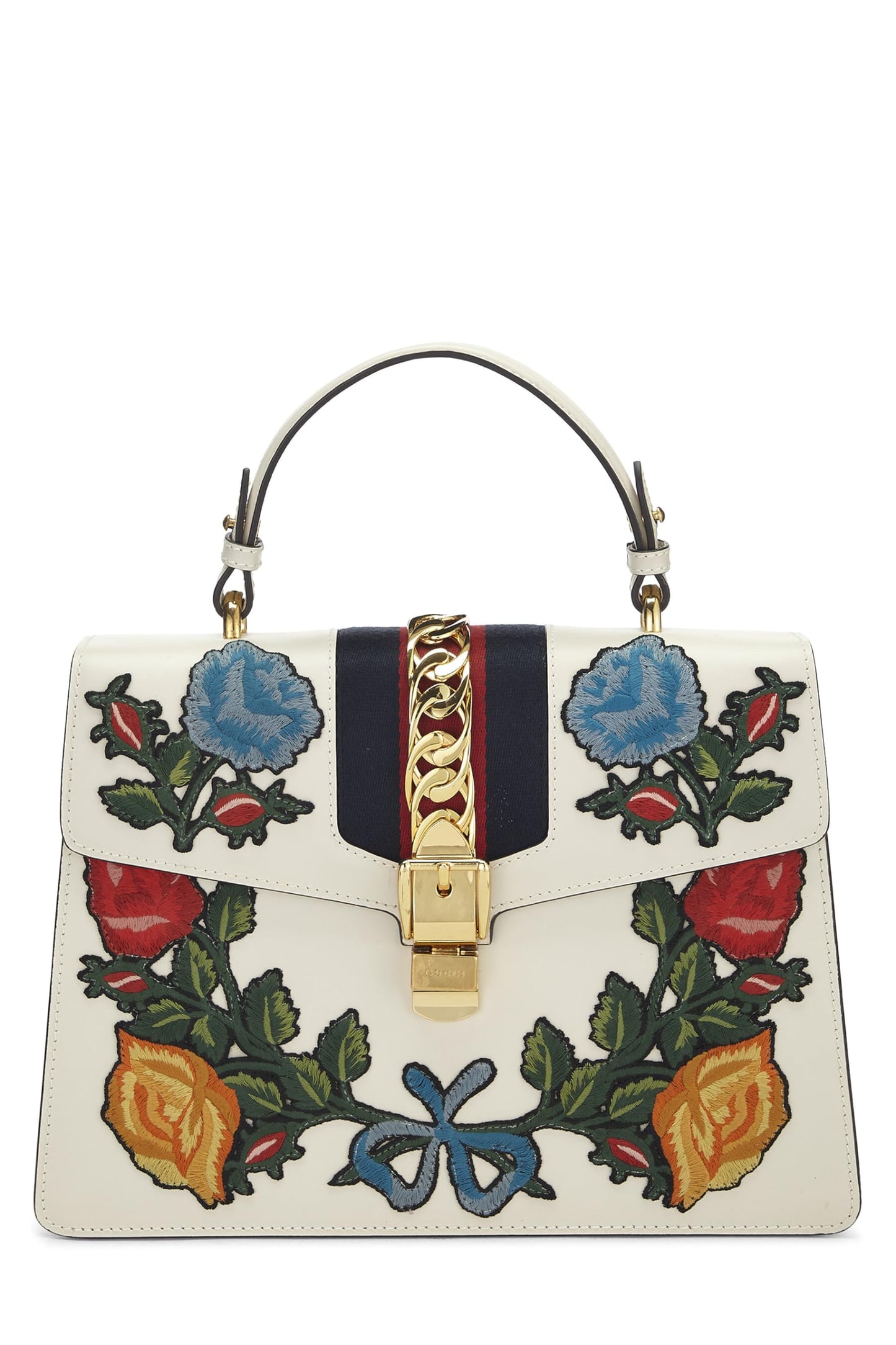 Gucci,  White Floral Embroidered Leather Sylvie Medium, White