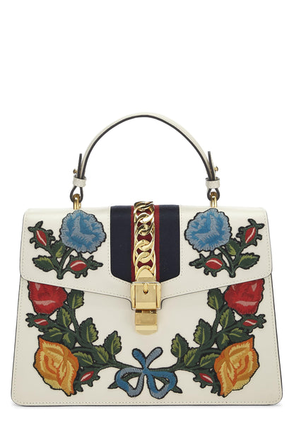 Gucci,  White Floral Embroidered Leather Sylvie Medium, White