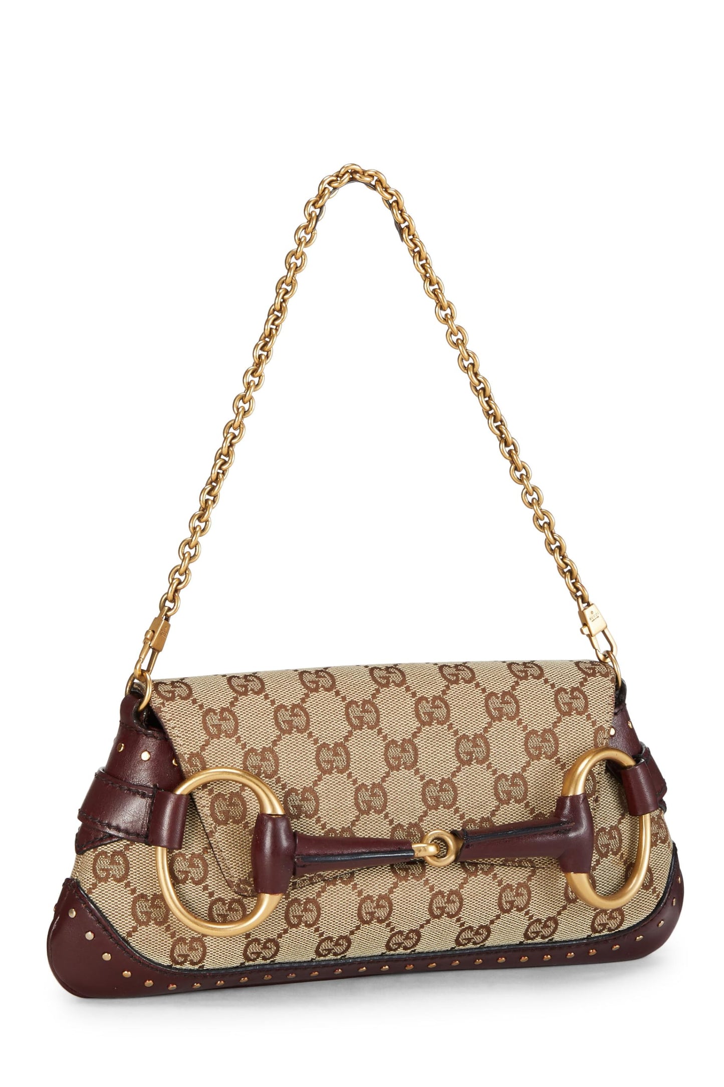 Gucci,  Burgundy Original GG Canvas Studded Horsebit Chain Clutch, Burgundy