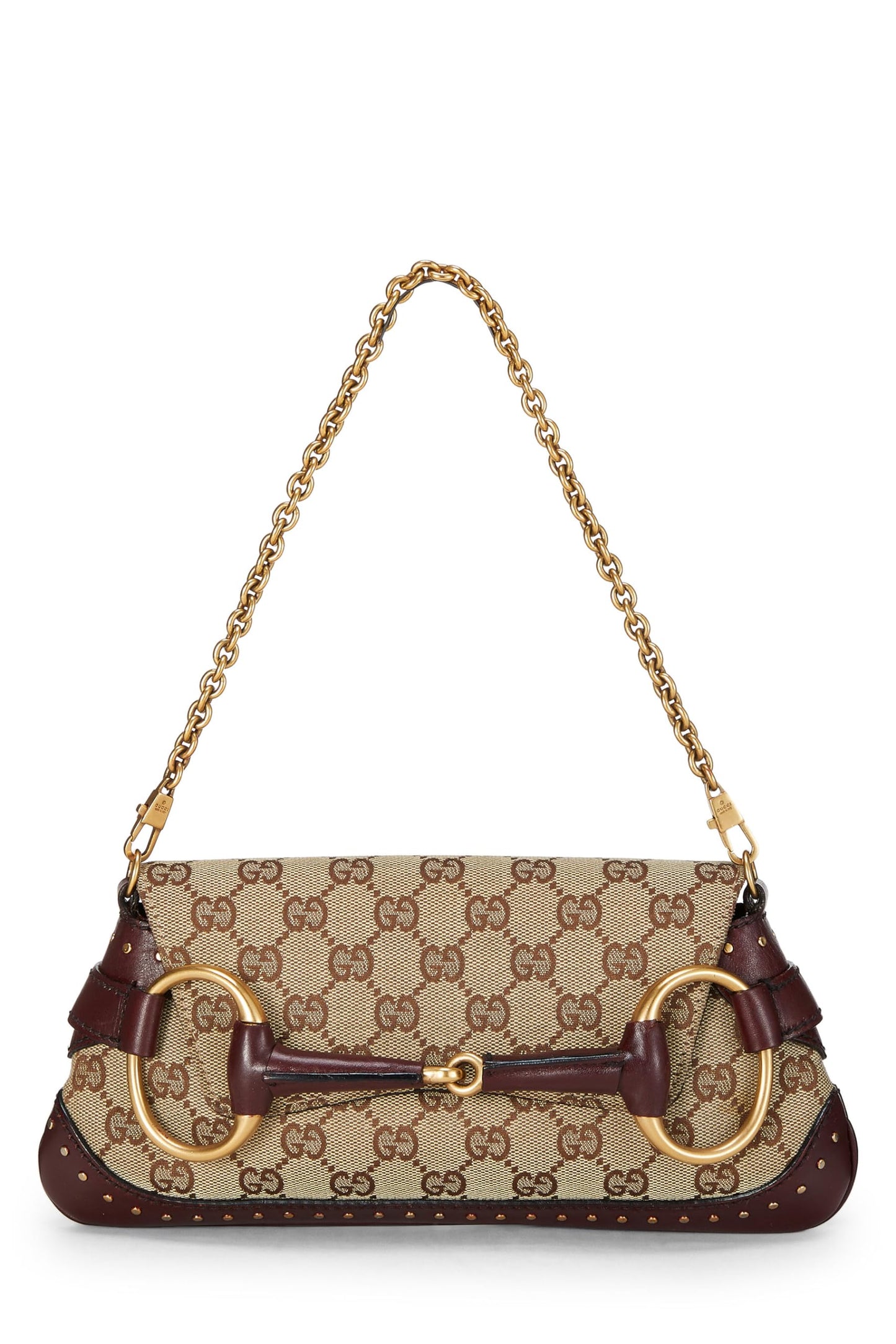 Gucci,  Burgundy Original GG Canvas Studded Horsebit Chain Clutch, Burgundy