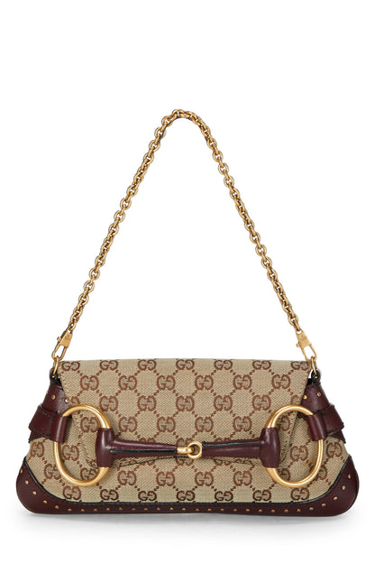 Gucci,  Burgundy Original GG Canvas Studded Horsebit Chain Clutch, Burgundy