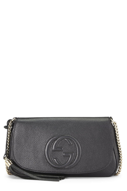 Gucci,  Black Grained Leather Soho Chain Flap Crossbody, Black