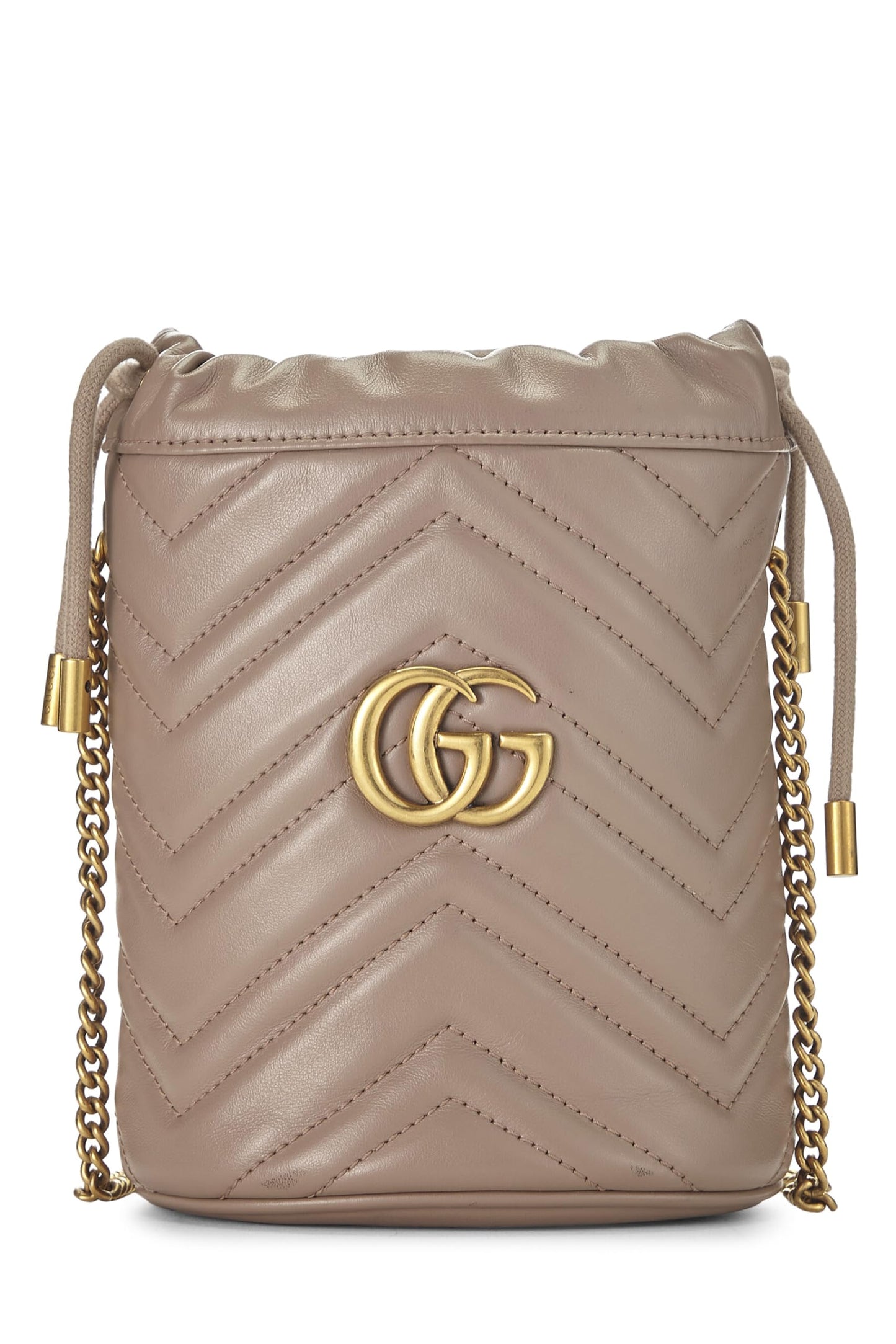 Gucci,  Beige Leather GG Marmont Chain Bucket Bag Small, Beige