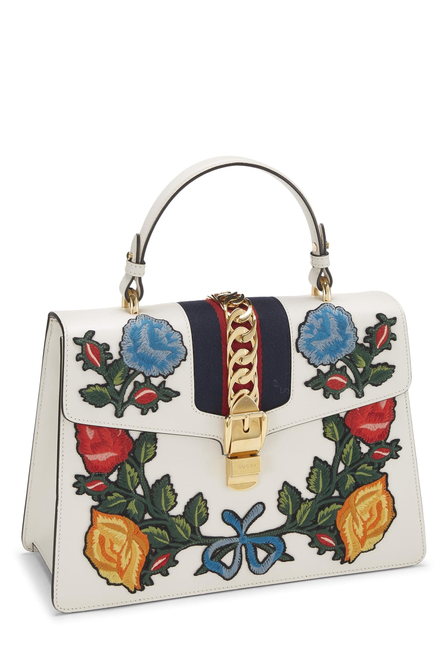 Gucci,  White Leather Embroidered Sylvie Top Handle Bag Medium, White