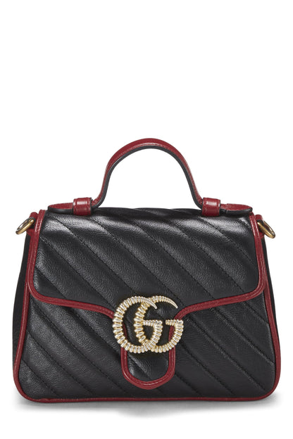 Gucci,  Black Leather Torchon Marmont Top Handle Flap Bag Mini, Black