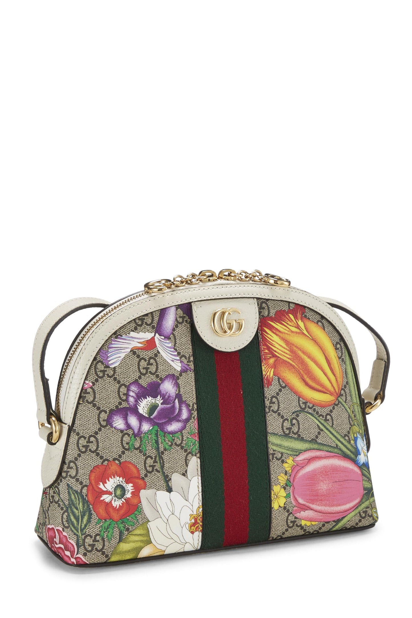 Gucci,  White Original GG Supreme Ophidia Flora Dome Shoulder Bag Small, White