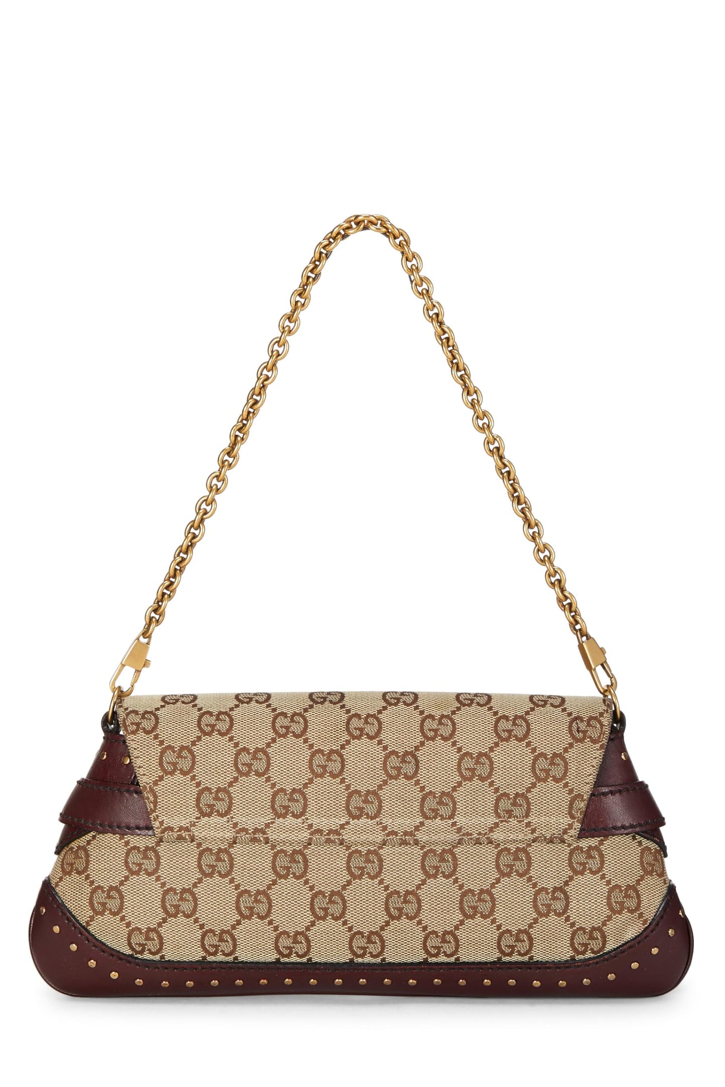 Gucci,  Burgundy Original GG Canvas Studded Horsebit Chain Clutch, Burgundy