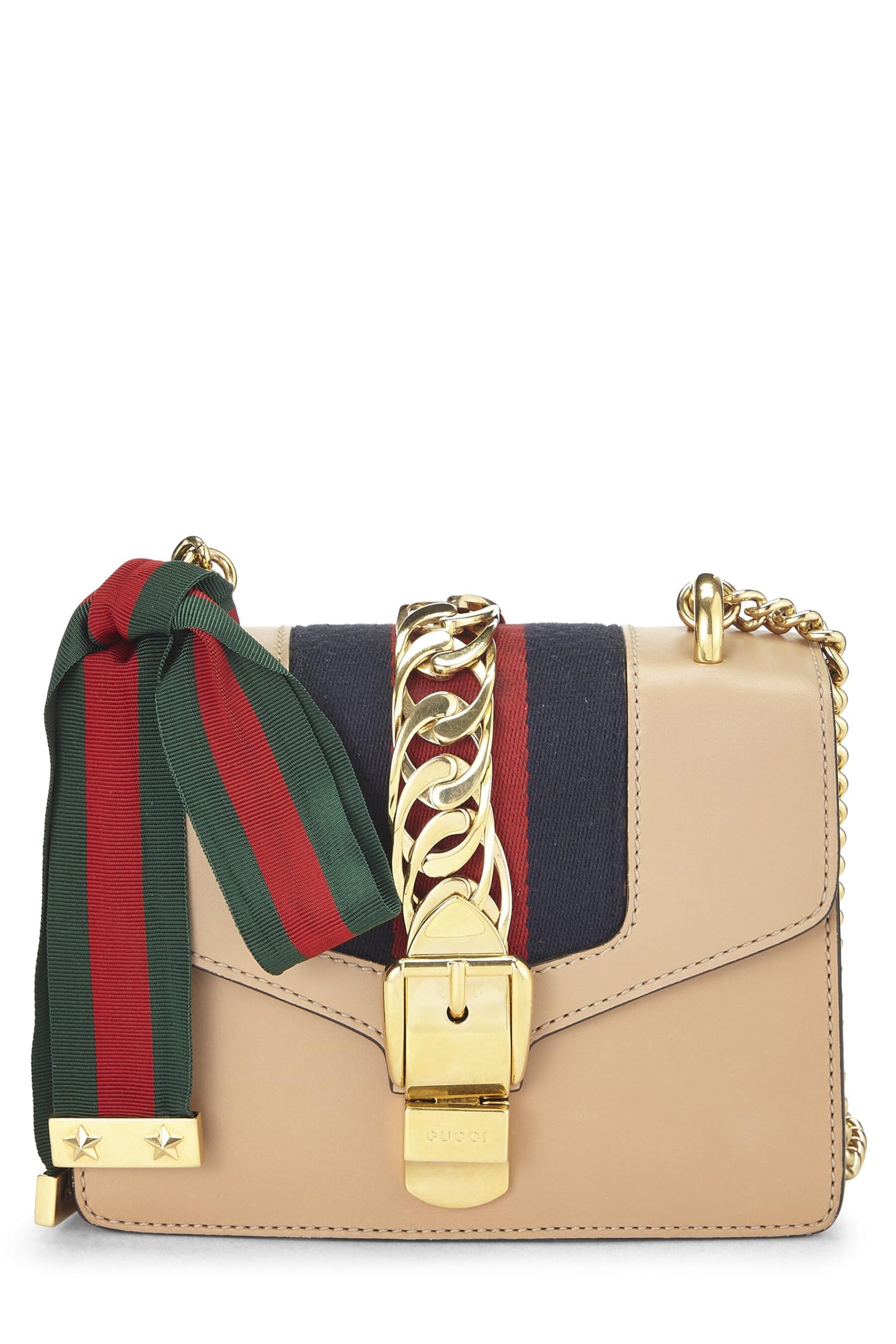 Gucci,  Beige Leather Web Sylvie Mini, Beige