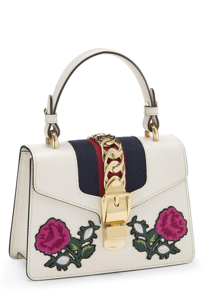 Gucci,  White Embroidered Leather Web Sylvie Mini, White