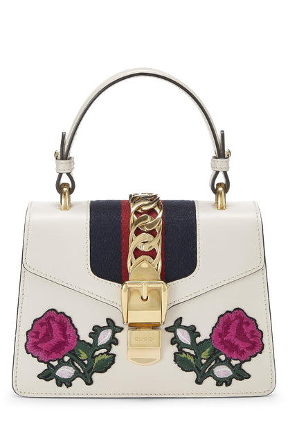 Gucci,  White Embroidered Leather Web Sylvie Mini, White