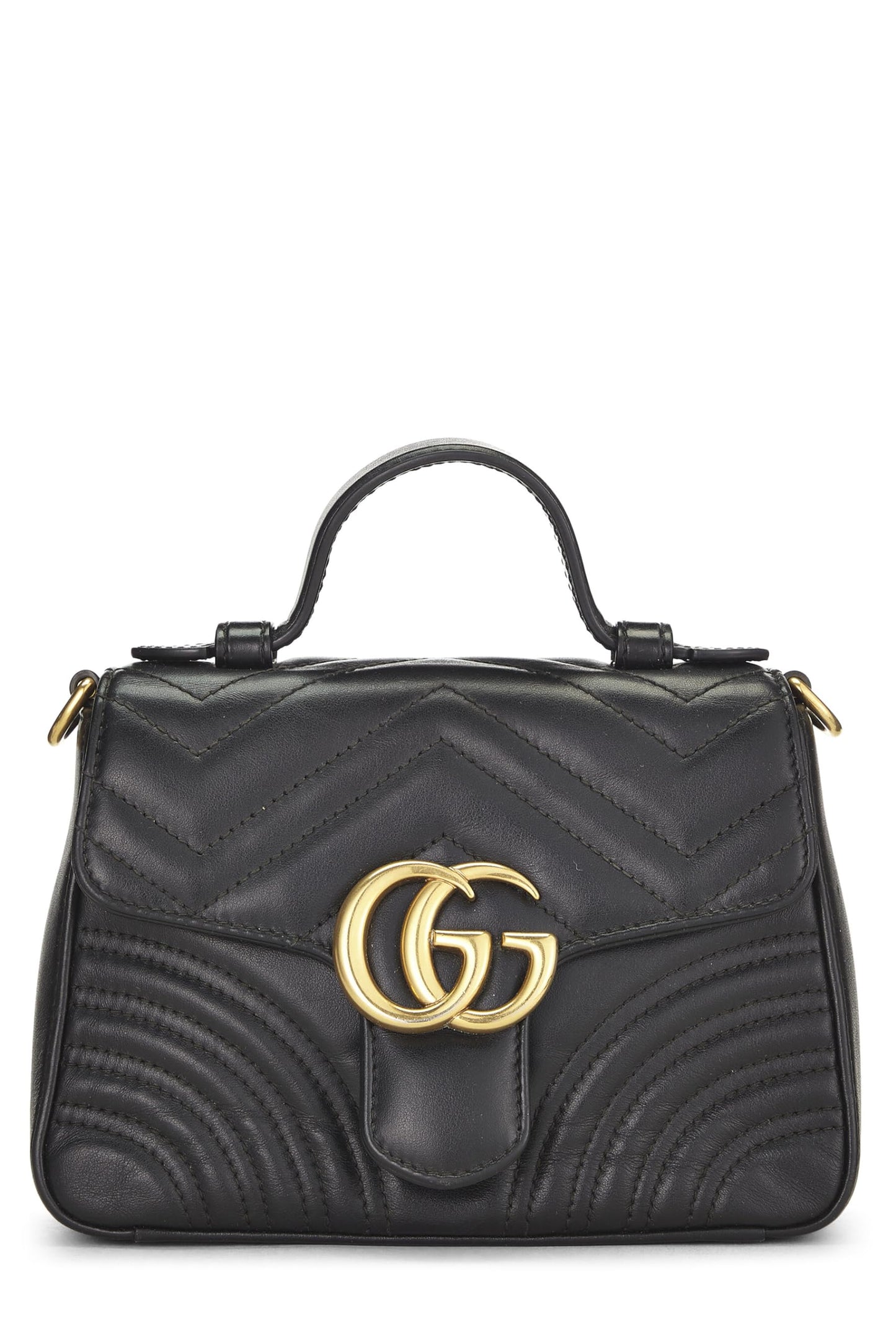 Gucci,  Black Leather Torchon GG Marmont Top Handle Flap Bag Mini, Black