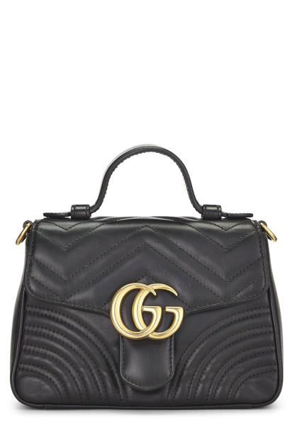 Gucci,  Black Leather Torchon GG Marmont Top Handle Flap Bag Mini, Black