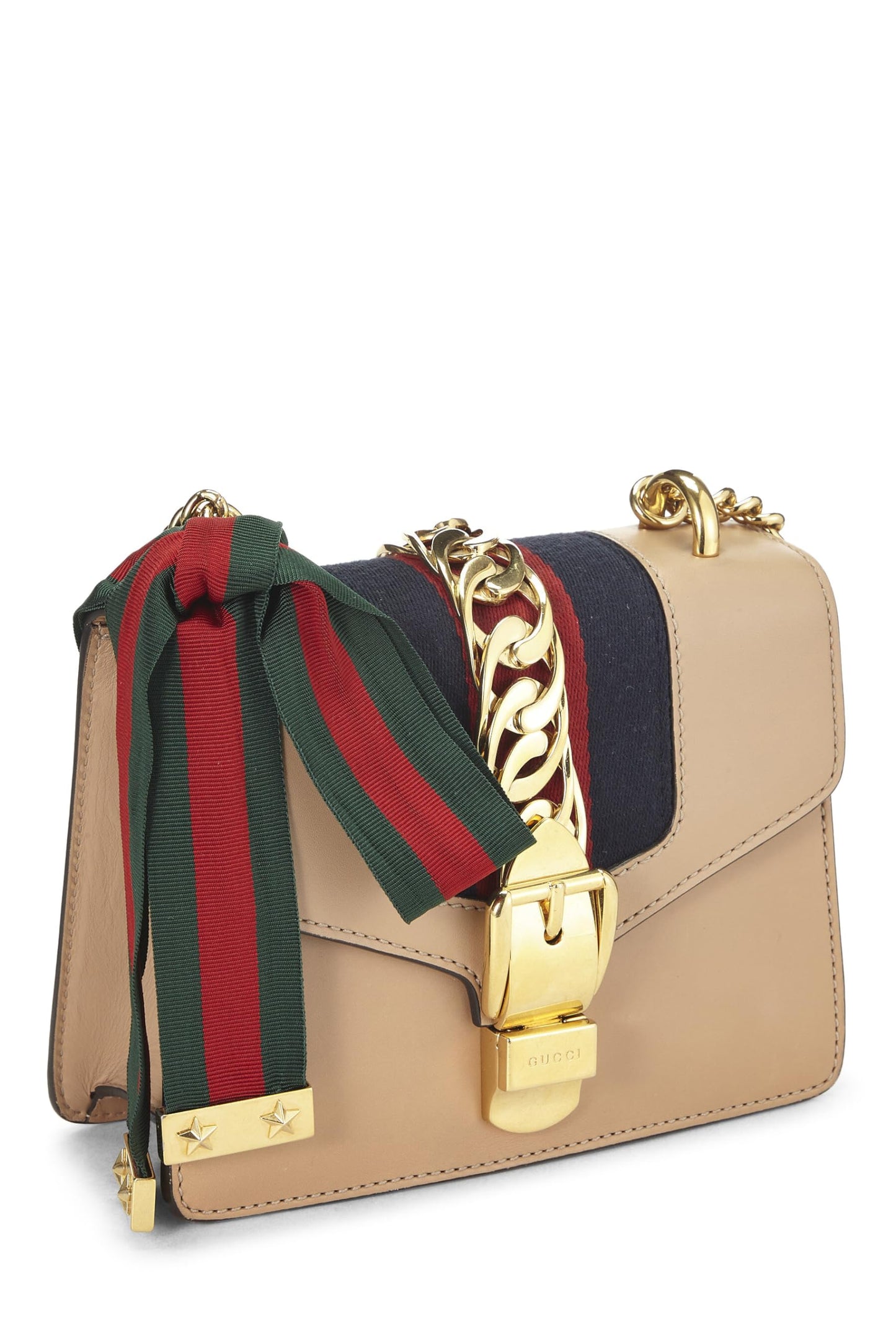 Gucci,  Beige Leather Web Sylvie Mini, Beige