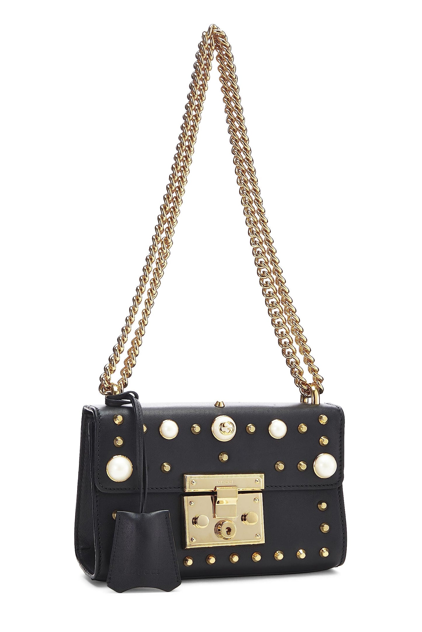 Gucci,  Black Leather Studded Padlock Shoulder Bag Small, Black