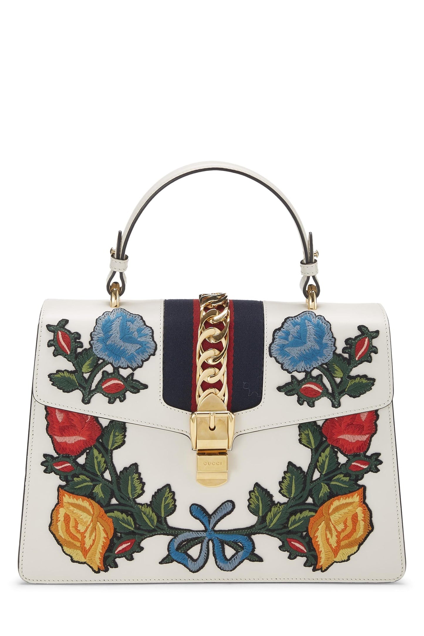 Gucci,  White Leather Embroidered Sylvie Top Handle Bag Medium, White