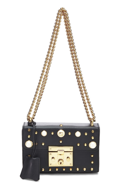 Gucci,  Black Leather Studded Padlock Shoulder Bag Small, Black