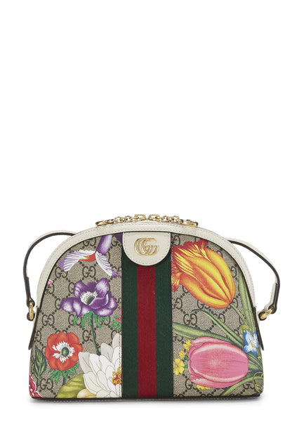 Gucci,  White Original GG Supreme Ophidia Flora Dome Shoulder Bag Small, White