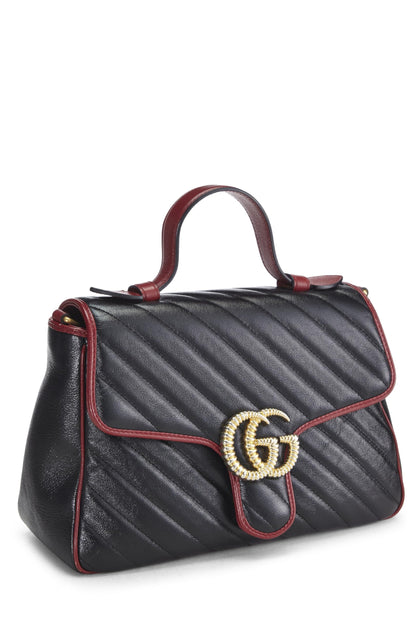 Gucci,  Black Leather GG Marmont Top Handle Bag, Multi