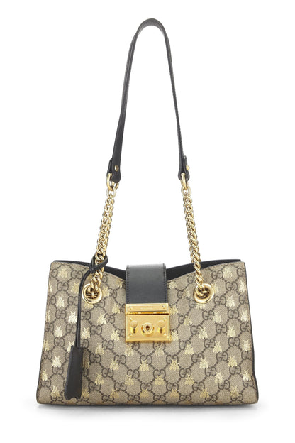 Gucci,  Black GG Supreme Bee Padlock Tote Small, Black