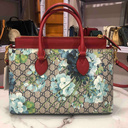 Gucci Floral Canvas and Leather Two-Way Bag Medium Brown and Blue Floral Pattern