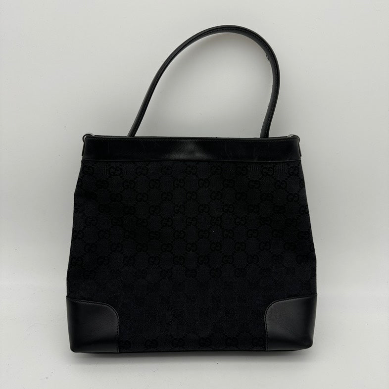 Gucci Black Canvas Shoulder Bag Handbag Leather Trim Medium